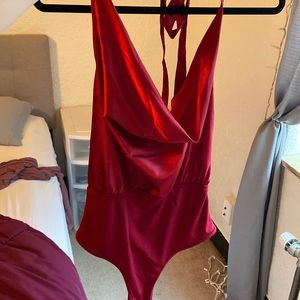 Burgundy Shein Halter Satin Bodysuit